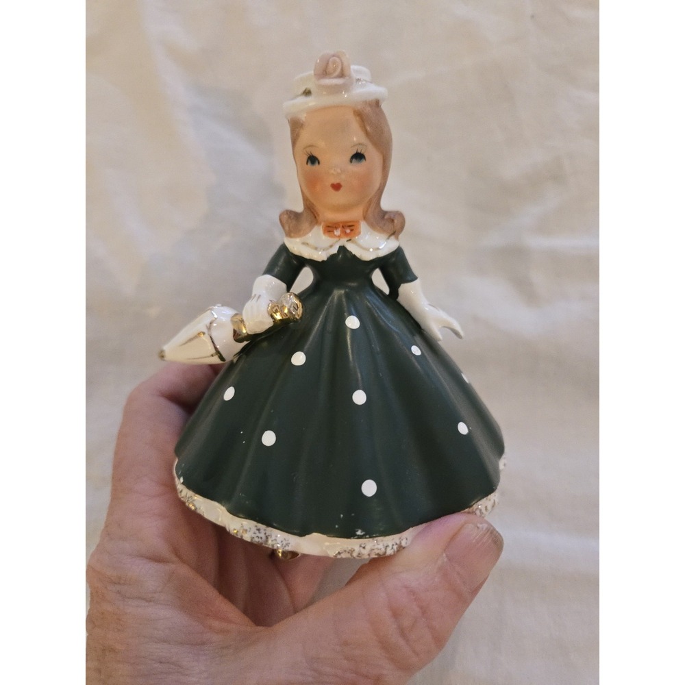 Lefton Sunday Best Girl Holding Umbrella Green Dress Polka Dots Hat W/ Flower
